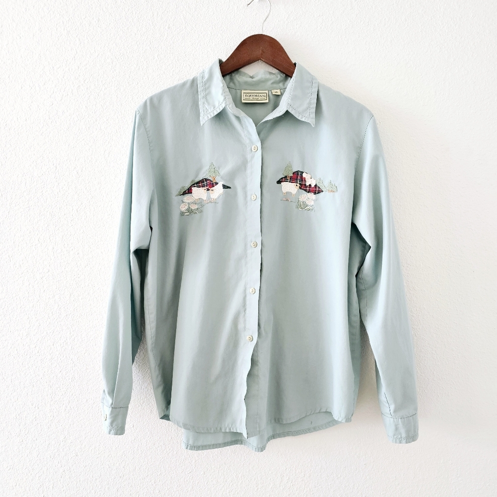 Vintage Equorian Heritage blouse size 16 light green buttoned embroidered sheep